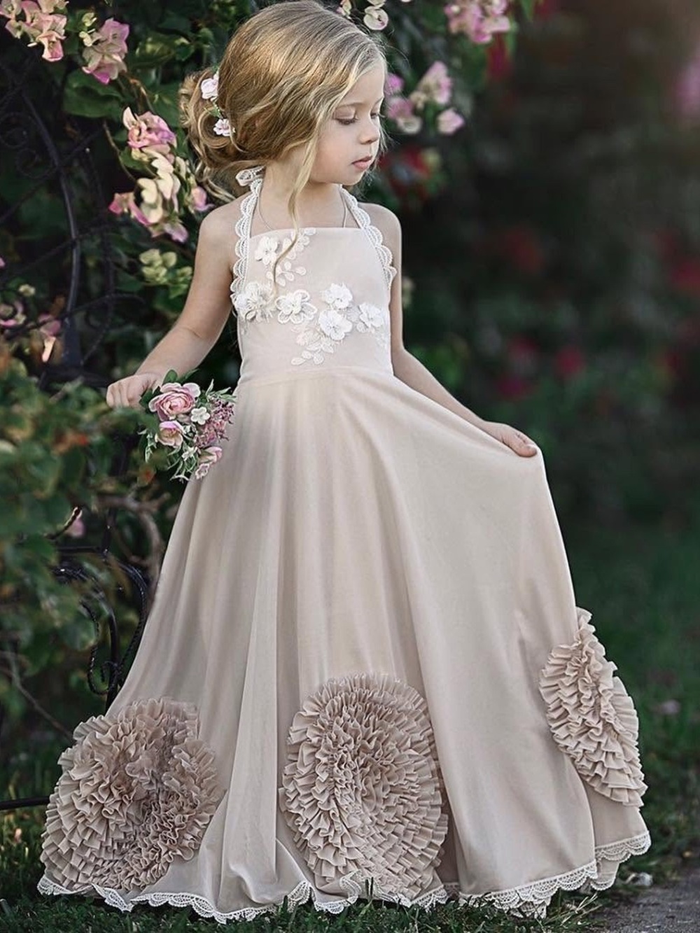 Dollcake Blush Floral Appliqué Halter Girls' Dress